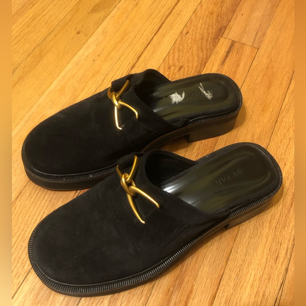 BY FAR Black Mules with Gold Accent